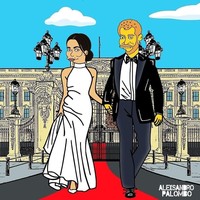 Salah satu momen ikonik yang digambar Palombo, tentu adalah hari pernikahan Meghan dengan Harry. Ketika dunia memerhatikan mantan aktris yang masuk ke dalam kerajaan Inggris dibalut gaun Stella McCartney. Foto: Instagram AleXandro Palombo