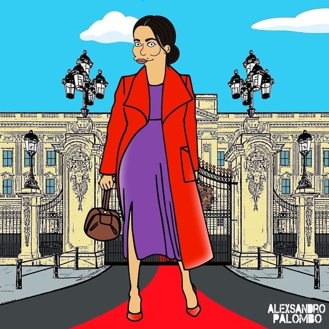 Meghan Markle memakai paduan merah dan ungu, yang tampak terinspirasi dari Putri Diana. Meghan memakai coat merah Sentaler seharga US$ 1.395 atau Rp 20 jutaan di gambar ini. Foto: Instagram AleXandro Palombo