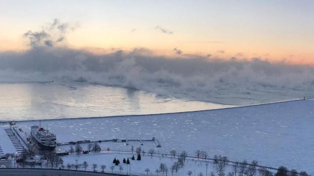 Steam is seen above Lake Michigan during subzero temperatures carried by the polar vortex in Chicago, Illinois, U.S., January 30, 2019, in this picture obtained from social media. Mandatory credit IRSHAAD GOEDAR/via REUTERS THIS IMAGE HAS BEEN SUPPLIED BY A THIRD PARTY. MANDATORY CREDIT. NO RESALES. NO ARCHIVES. THIS IMAGE WAS PROCESSED BY REUTERS TO ENHANCE QUALITY - AN UNPROCESSED VERSION HAS BEEN PROVIDED SEPARATELY.