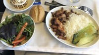 Olahan nasi juga tersedia di maskapai Air Canada. Makin mengenyangkan dengan pelengkap salad, roti, dan cupcake. Nyamm! Foto: airplanefoodselfie