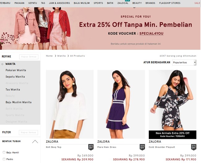 Anda yang mencari perlengkapan fashion atau kecantikan baru juga bisa mengunjungi Zalora. Sejumlah brand, seperti Zalora, Something Borrowed, Zalia, dan lainnya memberikan tambahan diskon 25% dengan kode voucher SPECIAL4YOU tanpa minimal pembelian. Adapun ekstra diskon 20% untuk koleksi terbaru dengan kode TERBARU. Foto: Zalora
