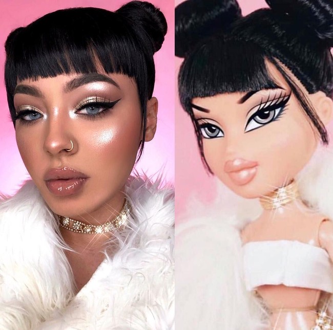 Beauty influencer Marylia Scott tampil ala boneka Bratz dengan rambut dicepol dua. Meski jadi boneka Bratz, tampilan makeup Marylia masih bisa dipakai sebagai riasan pesta. Foto: Instagram
