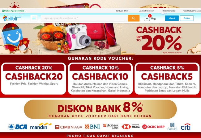 Sedangkan Blibli memberikan cashback 20% spesial Imlek 2019. Cashback pun diberikan pada berbagai produk, mulai dari fashion, sport, ibu & anak, video games, otomotif, voocher, kecantikan, gadget, hingga logam mulia. Foto: Blibli
