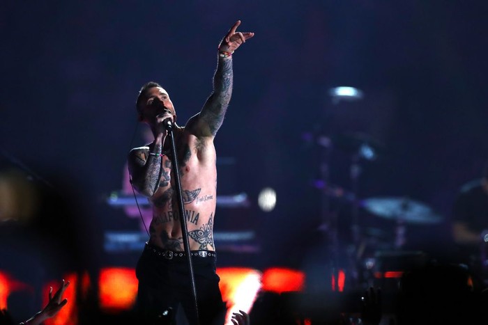 Adam Levine ATLANTA, GA - FEBRUARY 03: Adam Levine of Maroon 5 performs during the Pepsi Super Bowl LIII Halftime Show at Mercedes-Benz Stadium on February 3, 2019 in Atlanta, Georgia. (Photo by Kevin Winter/Getty Images)