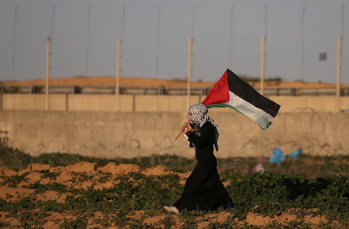 A demonstrator holds a Palestinian flag during a protest at the Israel-Gaza border fence, in the southern Gaza Strip January 18, 2019. REUTERS/Ibraheem Abu Mustafa