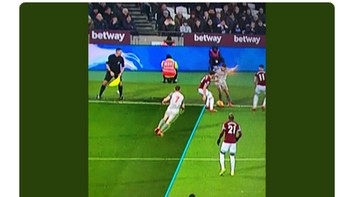 Begini proses gol tunggal Liverpool, yang berbau offside, dalam hasil 1-1 lawan West Ham. Netizen ini menyindir hakim garis bahkan tak melihat posisi James Milner. (Foto: Internet/Twitter)