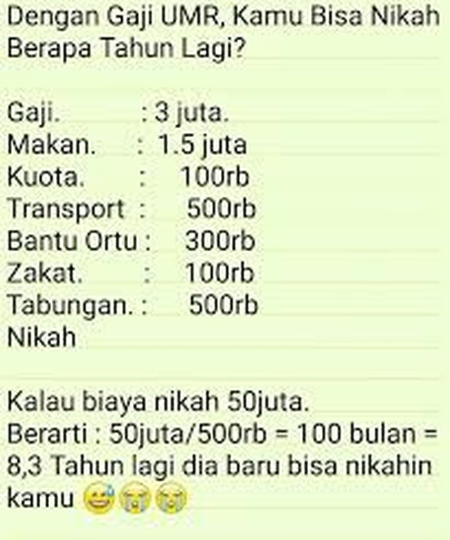 Dengan gaji UMR, jika diasumsikan menikah membutuhkan biaya Rp 50 juta, maka kamu akan bisa menikah 8,3 tahun lagi. Foto: Istimewa