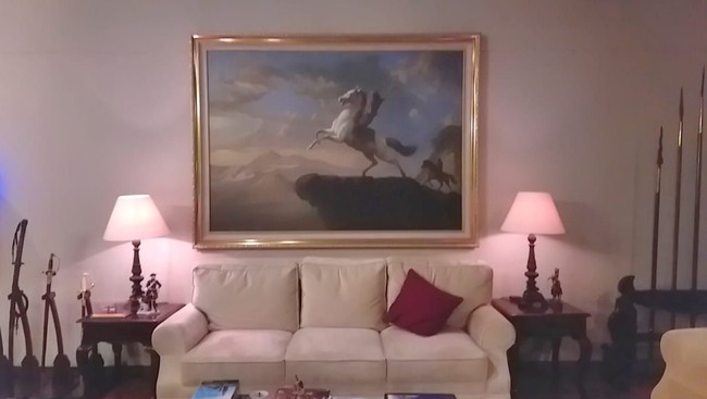 Pada area lain ruangan, terdapat sofa putih yang diapit dua meja sudut berwarna cokelat. Pada setiap meja ditempatkan lampu beserta pajangan berupa patung kecil. Lukisan kuda putih tampak menghiasi dinding yang juga bercat putih. (Foto: Marlinda/detikcom)