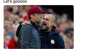 Guardiola digambarkan berteriak memberi tantangan pada Jurgen Klopp. Foto: istimewa