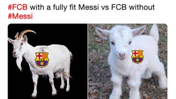 Dengan Messi, Barca diibaratkan seperti kambing dewasa nan tangguh. Tanpa dirinya, Barca jadi imut-imut banget. (Foto: Internet/Twitter)