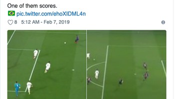 Meme ini membandingkan Bale yang semestinya dengan mudah bikin gol buat Madrid, dengan Malcom yang mampu mencetak gol untuk Barcelona dalam situasi yang relatif lebih sulit. (Foto: Internet/Twitter)