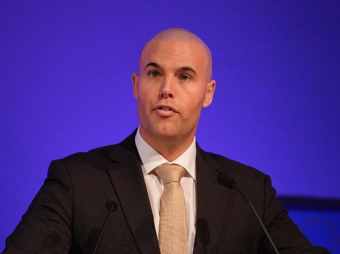 DONCASTER, ENGLAND - SEPTEMBER 25:  Joram Van Klaveren from the Dutch Voornederland addresses party members and supporters during the UK Independence Party annual conference on September 25, 2015 in Doncaster, England. After increasing their vote share following the May General Election campaign the UKIP conference this year focussed primarily on the campaign to leave the European Union ahead of the upcoming referendum on EU membership.  (Photo by Ian Forsyth/Getty Images)