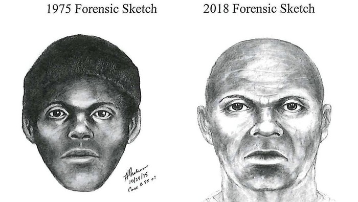 A pair of sketches of a suspect in the 