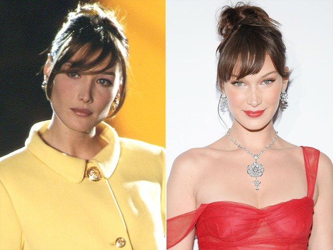 Carla Bruni berlenggang di fashion show Versace pada 1995 (kiri) dan Bella Hadid saat menghadiri Cannes Film Festival 2018 (kanan). Memiliki fitur wajah yang hampir mirip, ditambah lagi gaya rambut berponi, Carla dan Bella bak pinang dibelah dua. (Foto: Ist.)
