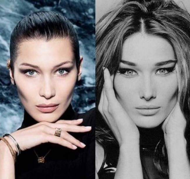 Bella Hadid vs. Carla Bruni dengan riasan cat-eye. Keduanya makin terlihat mirip berkat garis rahang V mereka yang tajam. (Foto: Ist.)