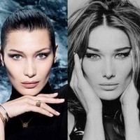 Bella Hadid vs. Carla Bruni dengan riasan cat-eye. Keduanya makin terlihat mirip berkat garis rahang V mereka yang tajam. (Foto: Ist.)