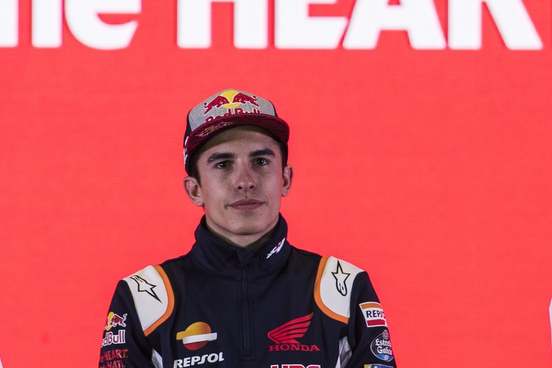 Marc Marquez Pebalap MotoGP Marc Marquez menghadiri peluncuran komposisi tim balap Astra Honda Racing Team (AHRT) di Bandung, Jawa Barat, Sabtu (9/2/2019). Astra Honda Racing Team (AHRT) secara resmi meluncurkan skuad terbaru tahun 2019 yang bakal mengisi perhelatan balap lokal, Asia bahkan dunia. ANTARA FOTO/M Agung Rajasa/aww.