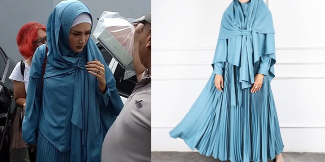 Mengunjungi Ahmad Dhani di Surabaya, ia memilih busana serba biru mulai dari busana hingga cincin yang dipakai. Busana yang ia pakai merupakan satu set khimar dan dress dari label Im Syari X Dhini Aminarti. Foto: Amir Baihaqi / Instagram/Im_syari