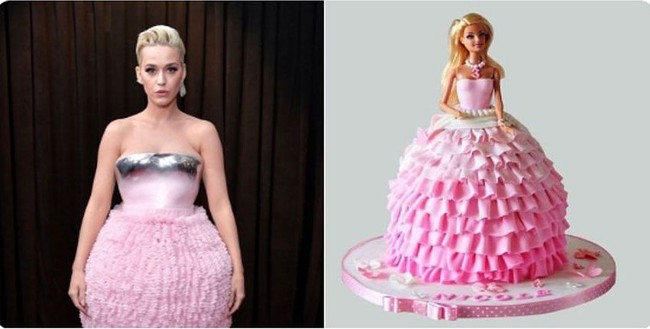Gaun Katy Perry juga disebut mirip kue dengan boneka Barbie di tengahnya. Foto: Istimewa