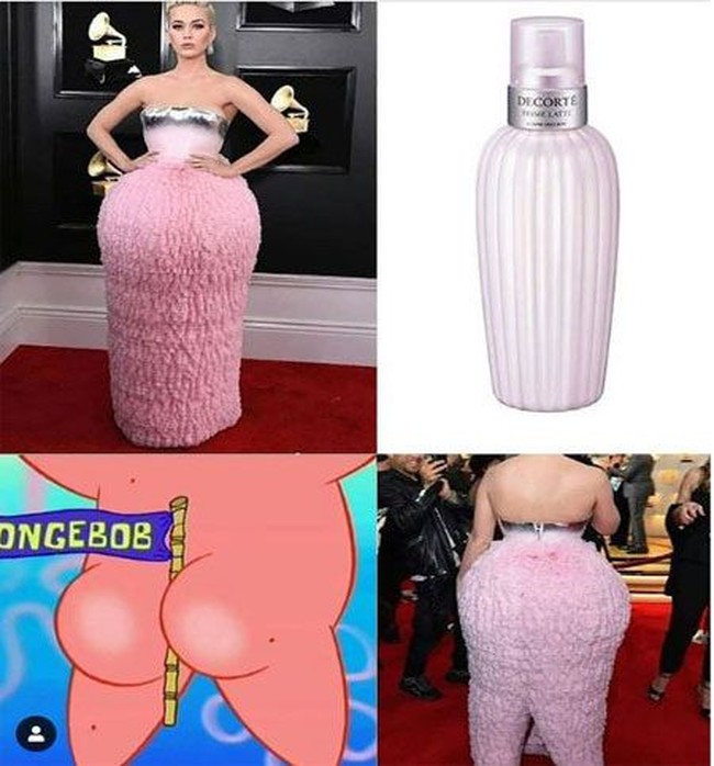 Bentuk gaun yang kaku juga mengingatkan kita dengan botol parfum, atau malah bokong Patrick Star di film kartun Spongebob Squarepants. Di antara meme-meme ini, mana yang jadi favoritmu? Foto: Istimewa