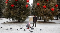 Suhu yang mampu mencapai minus derajat saat musim dingin tak menghalangi keceriaan anak-anak bermain dengan burung merpati yang berkumpul di Taman Ditan, Beijing, China. Thomas Peter/Reuters.