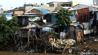 Rumah-rumah itu nampak saling menumpuk di pinggiran Sungai Ciliwung dan berdempetan dengan sejumlah pohon yang tumbuh di sekitarnya.