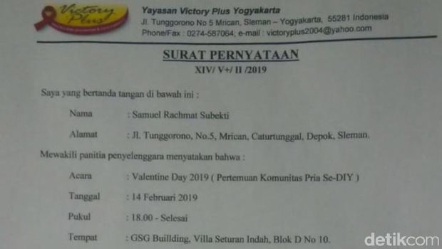 Surat pernyataan acara Valentine Komunitas Pria dibatalkan