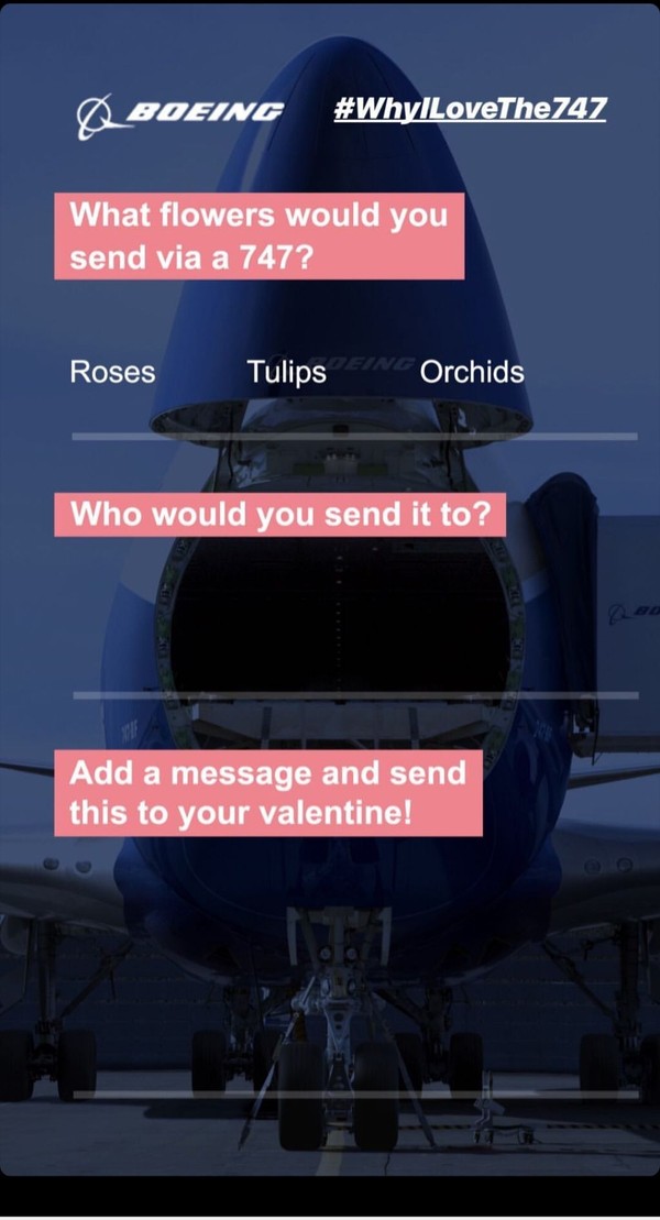 Boeing memberi template bagi para follower-nya. Di moment Valentine ini, Boeing menanyakan bunga apa yang ingin traveler kirim hingga untuk siapa bunga itu (Boeing)