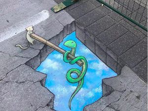 Keren! Bermodal Kapur Ciptakan Karya Street Art 3D