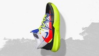 Kyrie Irving mengenakan sepatu Nike Kyrie 5 X Rokit. Sepatu ini tampak ramai dengan corak warna merah, biru, hitam, kuning, dan putih. (Foto: dok. AP)