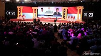 Para pendukung dari kedua paslon Jokowi dan Prabowo tampak memenuhi arena debat di Hotel Sultan, Jakarta, Minggu (17/2/2019).