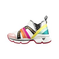 Untuk sneakers model high-top, Louboutin menyertakan 1 2 3 Run Patent Satin & Neoprene Multicolor. Sneakers ini hadir dalam nuansa yang feminin dengan permainan garis-garis berwarna pelangi dan stud keemasan. (Foto: Dok. Christian Louboutin)