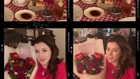 Saat Valentine kemarin, Benny menikmati hidangan Italia di sebuah restoran mewah. Wanita berdarah Sunda ini juga senang mendapat  buket mawar merah. Foto: Instagram benny_janah