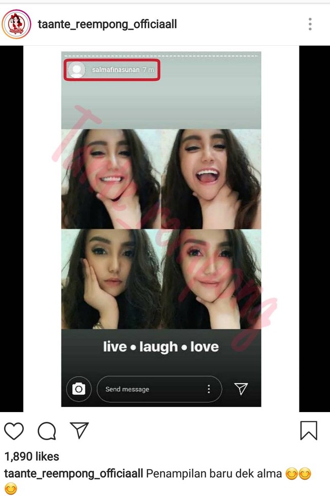 Baru-baru ini, Salmafina berani tampil tanpa hijab di Instagram Story. Namun, belum ada pengumuman resmi ia membuka hijab. Foto: (IG/taante_reempong_officiall)