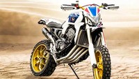Motor ini dinamakan Africa Four CRF1000R. Sekilas pandang, motor ini tampak gagah dengan mesin besar yang terekspos jelas. Foto: pool (Morebikes)