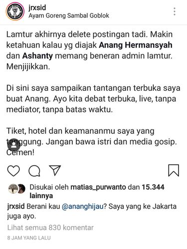 Dear Anang... Jerinx Tantang Kamu Lagi Nih untuk Bertemu Tanpa Istri dan Media