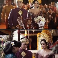 Anne Avantie membantu mempelai wanita memakai kebaya rancangannya yang berwarna merah marun. Kebaya off shoulder yang dipakai mempelai wanita Anastasia Phanasta begitu megah dengan detail ekor yang panjangnya hingga menyapu lantai.  Foto: Dok. Anne Avantie