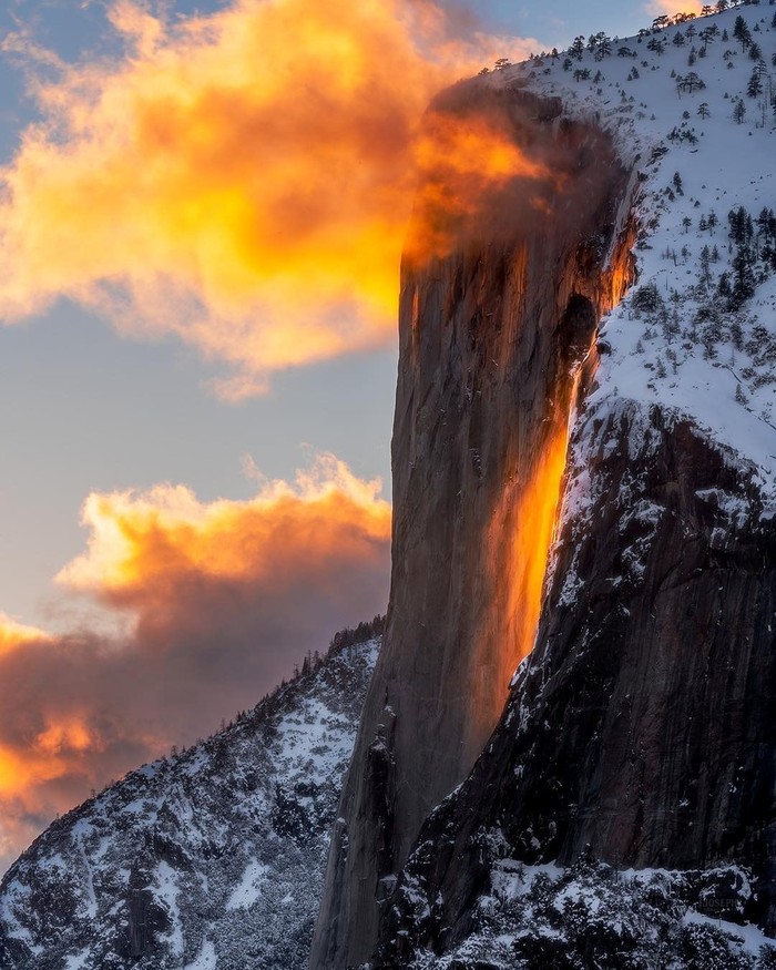Sunlight hits the Horesetail Fall, turning it into a 