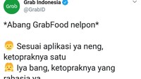 Awalnya admin Grab Indonesia memposting cuitan percakapan lewat Twitter. Percakapan ini bukan percakapan asli, namun hanya plesetan candaan. Foto: Twitter