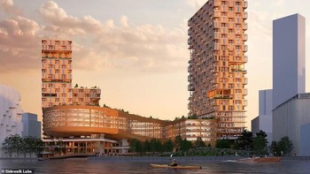 Ini adalah kota yang dirancang Sidewalklabs di Toronto, Kanada. Mereka mendapat izin dari pemerintah setempat untuk mengembangkannya pada tahun 2017. Nama untuk komunitas futuristik ini adalah Quayside. Ini adalah salah satu rancangan bentuk kota itu. Foto: Sidewalklabs