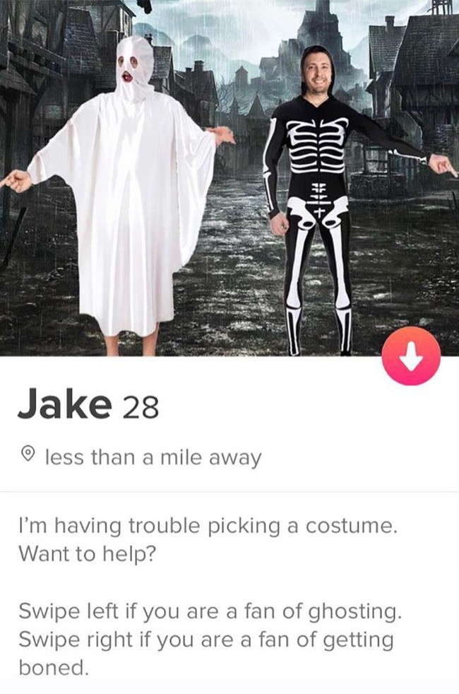 Salah satu profil Tinder Jake adalah meminta pasangan Tindernya memilihkan kostum untuk dipakai. Di captionnya dia menulis ajakan untuk swipe dengan bumbu humor. Foto: Dok. Niftyshadesofjake