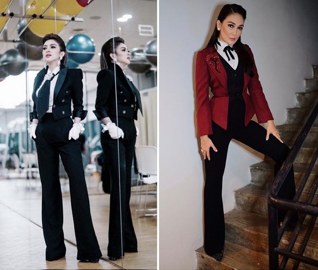Luna Maya dan Syahrini sama-sama mengeluarkan sisi boyish mereka dalam balutan setelan. Siapa yang paling keren? (Foto: Instagram)