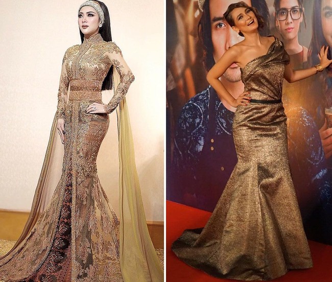 Ketika gaun emas membungkus tubuh seksi Luna Maya dan Syahrini. Syahrini memilh gaun penuh brokat yang romantis, sementara gaun strapless dengan tampilan minimalis menjadi pilihan Luna. (Foto: Instagram)