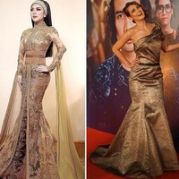 Ketika gaun emas membungkus tubuh seksi Luna Maya dan Syahrini. Syahrini memilh gaun penuh brokat yang romantis, sementara gaun strapless dengan tampilan minimalis menjadi pilihan Luna. (Foto: Instagram)