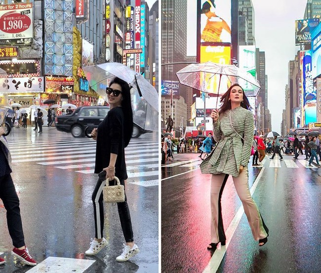 Hujan tak menghalangi Syahrini dan Luna untuk tampil maksimal. Begini gaya mereka sambil berlindung di bawah payung transparan. (Foto: Instagram)