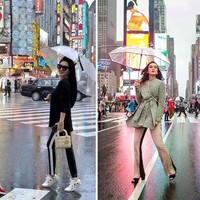 Hujan tak menghalangi Syahrini dan Luna untuk tampil maksimal. Begini gaya mereka sambil berlindung di bawah payung transparan. (Foto: Instagram)