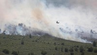 Sebuah helikopter Super Puma AS332L1 milik Asia Pulp & Paper (APP) Sinar Mas Forestry bersiap melakukan pengeboman air (water bombing) terhadap hutan dan lahan perkebunan sawit rakyat yang terbakar di Desa Gurun Panjang di Dumai, Dumai, Riau. Antara Foto/Aswaddy Hamid.