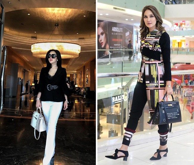 Tas Hermes menjadi andalan keduanya. Syahrini dengan Hermes Himalayan, sementara Luna memakai Hermes Kelly hitam yang dihiasi berbagai tulisan. (Foto: Instagram)