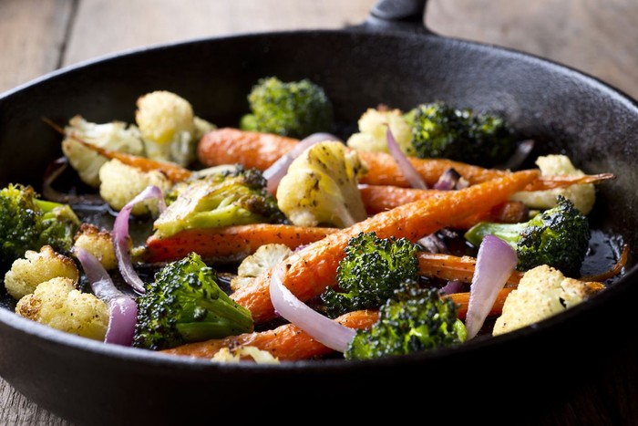 Fresh Vegetables Roasted in a Cast Iron Skillet.