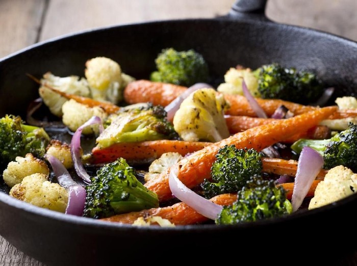 Fresh Vegetables Roasted in a Cast Iron Skillet.